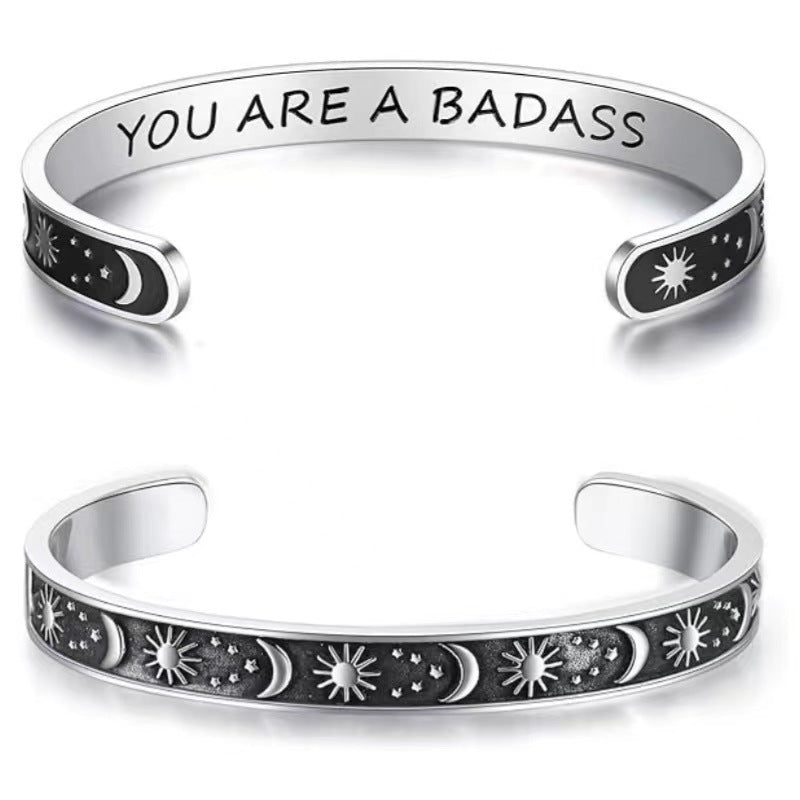 Rockyu フリーサイズ ステンレス バングル ブレスレット メンズ レディース ペア対応 刻印入り おしゃれシンプルデザイン