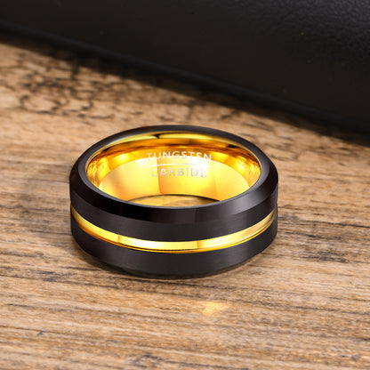 Rockyu メンズリング タングステン鋼 8mm ブラック×ゴールド／レインボー
