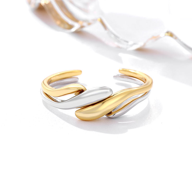Rockyu レディースリング フリーサイズ ダブルライン風 シルバー＆ゴールド 幾何学デザイン指輪