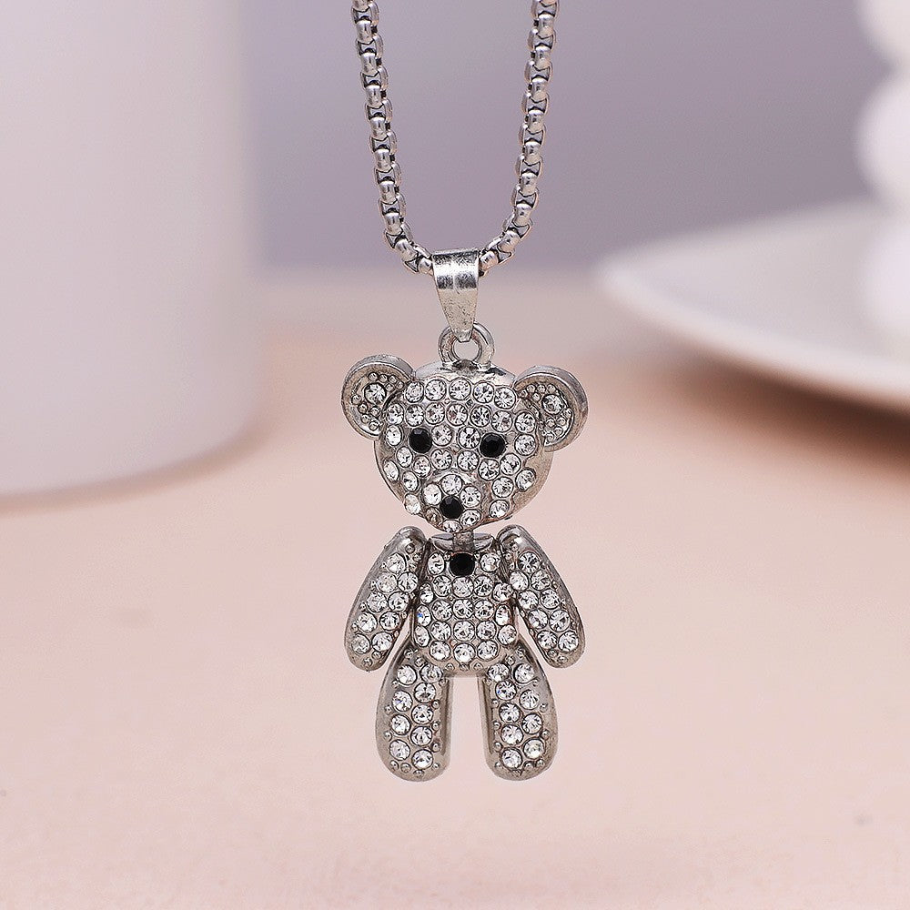 Rockyu 小熊ペンダントネックレス パヴェストーンデザイン ロングチェーン 冷淡スタイル