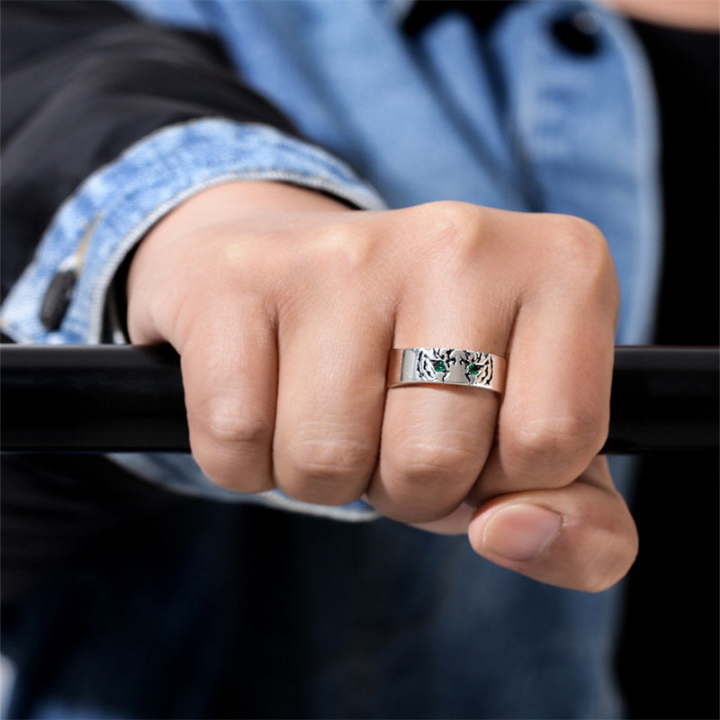 Rockyu タイガーリング メンズ レディース シルバー925 フリーサイズ グリーンストーン 金属アレルギー対応