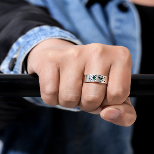 Rockyu タイガーリング メンズ レディース シルバー925 フリーサイズ グリーンストーン 金属アレルギー対応