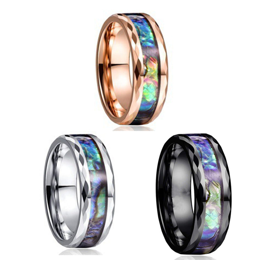 Rockyu タングステン 貝殻インレイリング｜8mm 幅広 平打ち 高硬度メンズリング