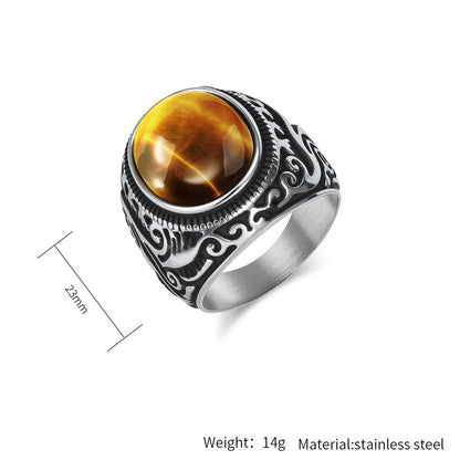 Rockyu メンズ ステンレスリング – 天然石オニキス＆タイガーアイ装飾 シルバー彫刻デザイン