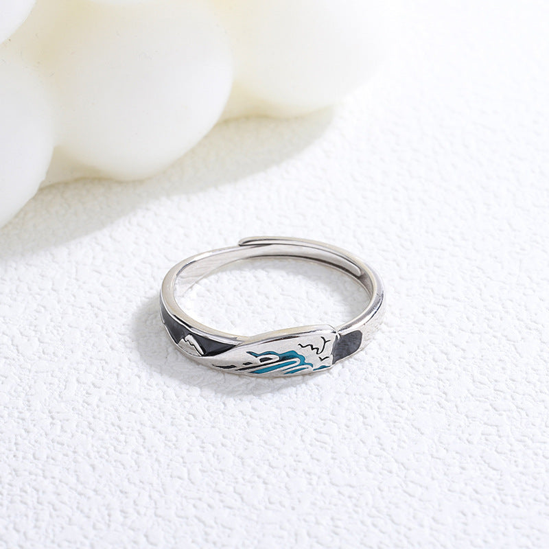 Rockyu 指輪 レディース フリーサイズ シルバー925 波・月モチーフ ブルーエナメル ペアリング風デザイン