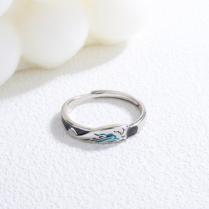 Rockyu 指輪 レディース フリーサイズ シルバー925 波・月モチーフ ブルーエナメル ペアリング風デザイン