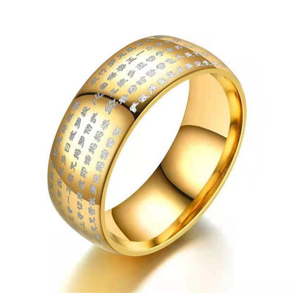 Rockyu ステンレスリング メンズ 心経デザイン 8mm幅 高光沢仕上げ 3色展開