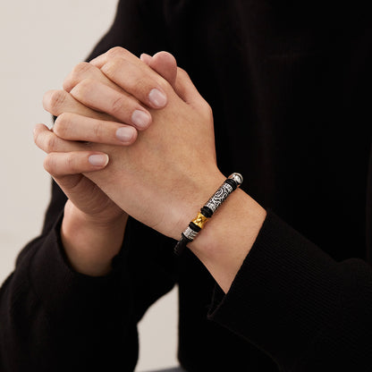 Rockyu ブレスレット メンズ 本革レザー×ステンレス コンビ バングル風デザイン