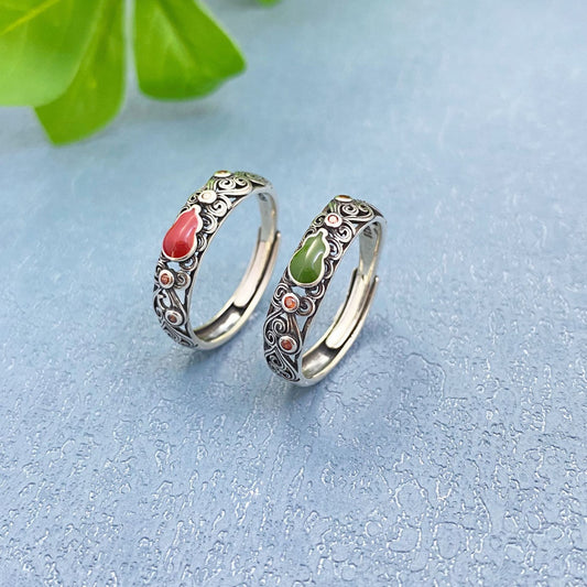 Rockyu ペアリング シルバー925 瓢箪モチーフ 唐草透かし彫りリング 赤/緑 男女兼用 フリーサイズ結婚指輪