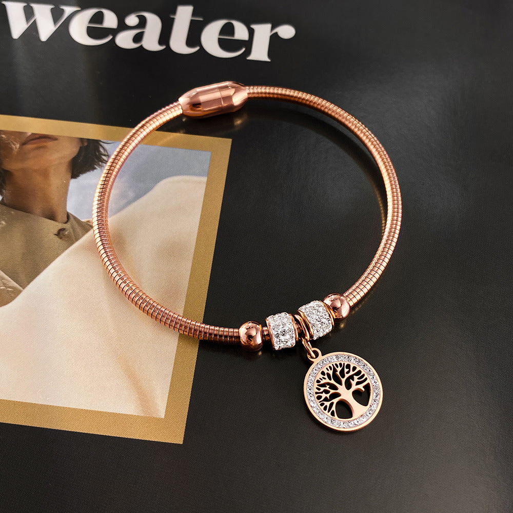 Rockyu ブレスレット レディース 18金メッキ ジルコニア 生命の樹 磁石型バングル 純チタン アレルギー対応