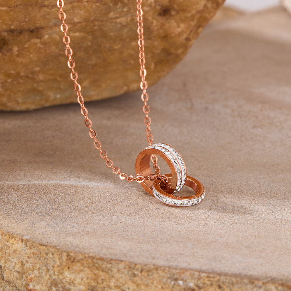 Rockyu ネックレス レディース ピンクゴールド 2連リングペンダント CZ輝石付き