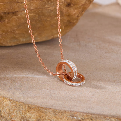 Rockyu ネックレス レディース ピンクゴールド 2連リングペンダント CZ輝石付き