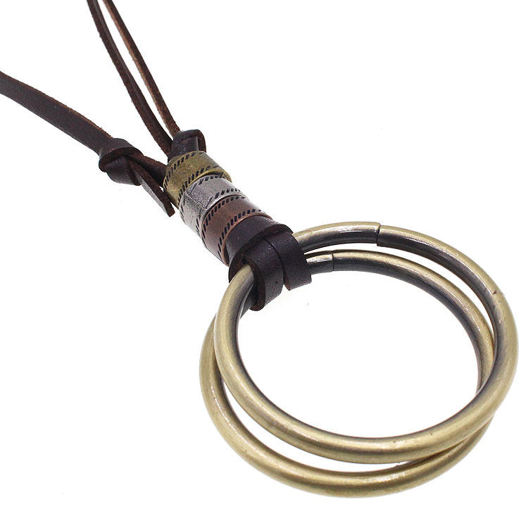 Rockyu メンズリングペンダントネックレス｜3連リング×レザー紐 60cm調整可ロングタイプ