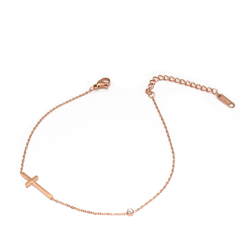 Rockyu アンクレット レディース クロス チタン 細いチェーン ジルコニア アンティーク風