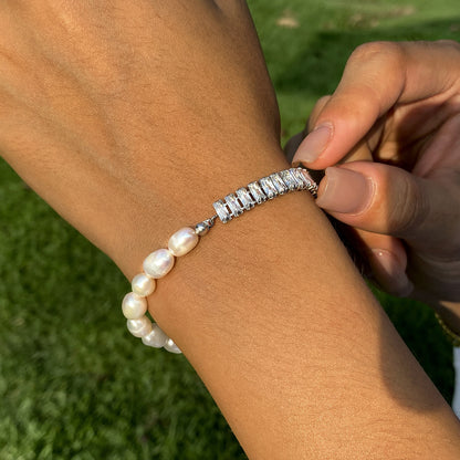 Rockyu ブレスレット レディース パール＆ジルコニア 非対称 ステンレス スチール