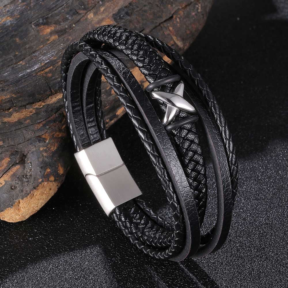 Rockyu ブレスレット メンズ ブラック レザー 多重巻き 無限大デザイン 編み込み バングル