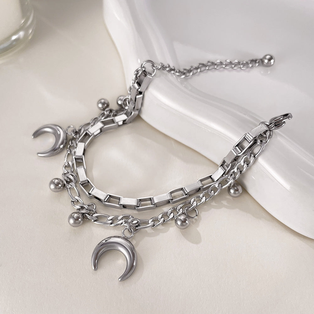 Rockyu ブレスレット レディース ステンレス シルバー 月モチーフ 鈴チャーム 多連チェーンブレスレット サイズ調整可能 ファッションアクセサリー