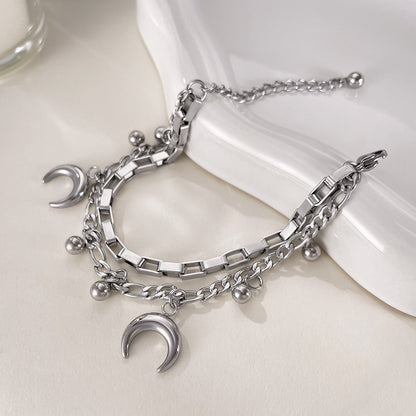 Rockyu ブレスレット レディース ステンレス シルバー 月モチーフ 鈴チャーム 多連チェーンブレスレット サイズ調整可能 ファッションアクセサリー