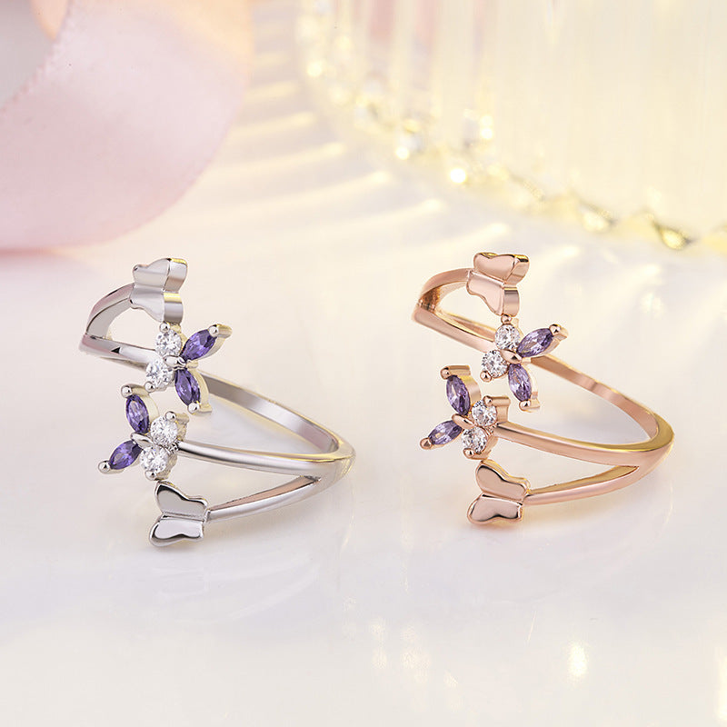 指輪 レディース 蝶モチーフ ローズゴールド／シルバー フリーサイズリング アレルギー対応 かわいい ジルコニア ファッション 結婚式 記念日 プレゼント