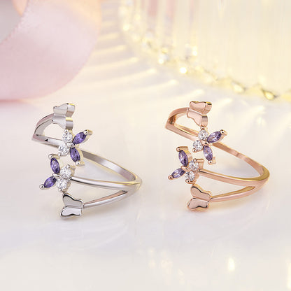 指輪 レディース 蝶モチーフ ローズゴールド／シルバー フリーサイズリング アレルギー対応 かわいい ジルコニア ファッション 結婚式 記念日 プレゼント