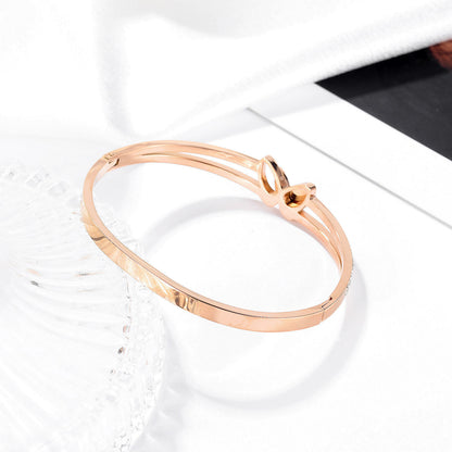 Rockyu ブレスレット レディース 蝶モチーフ ジルコニア入り 18Kピンクゴールド チタン製