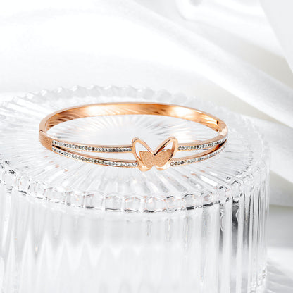 Rockyu ブレスレット レディース 蝶モチーフ ジルコニア入り 18Kピンクゴールド チタン製