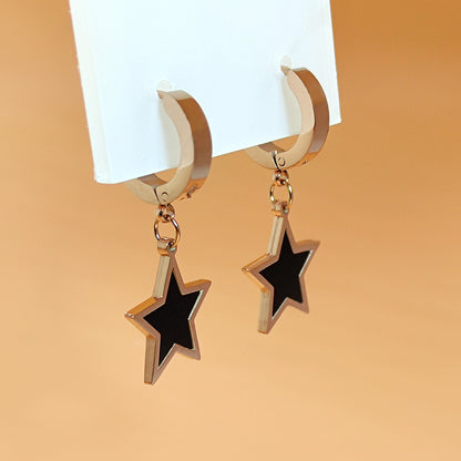 Rockyu フープピアス レディース 星モチーフ ブラック×ピンクゴールド 18K仕上げ チタン製