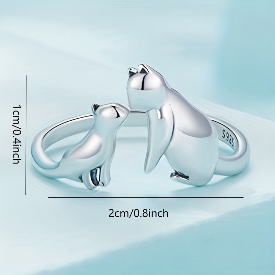 Rockyu 猫リング レディース フリーサイズ シルバー925 親子猫デザイン