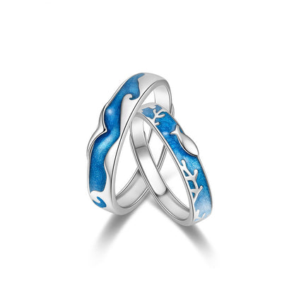 Rockyu ペアリング シルバー925 波と珊瑚デザイン フリーサイズ カップル指輪