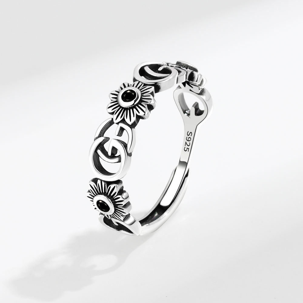 Rockyu 指輪 レディース フリーサイズ シルバー925 アルファベット＆花モチーフ サファイア風ストーン オープンリング