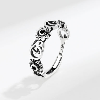 Rockyu 指輪 レディース フリーサイズ シルバー925 アルファベット＆花モチーフ サファイア風ストーン オープンリング