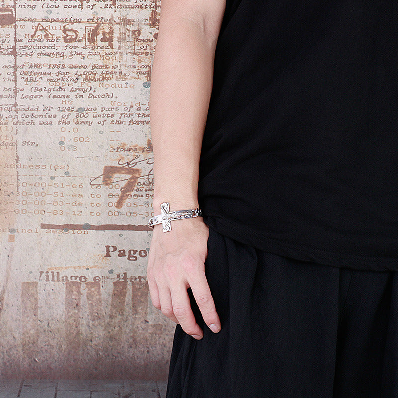 Rockyu メンズブレスレット クロス十字架 チタンチェーン シルバー 喜平デザイン