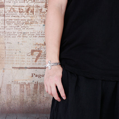 Rockyu メンズブレスレット クロス十字架 チタンチェーン シルバー 喜平デザイン