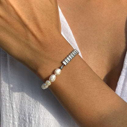 Rockyu ブレスレット レディース パール＆ジルコニア 非対称 ステンレス スチール