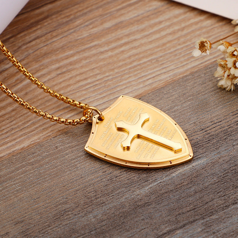 Rockyu 十字架 ネックレス メンズ ステンレス 盾ペンダント 経文刻印 クロス 厄除け お守り 開運 ギフト