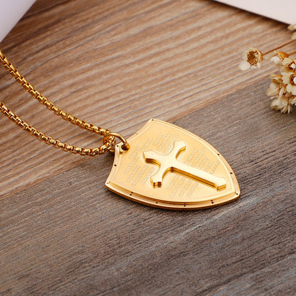 Rockyu 十字架 ネックレス メンズ ステンレス 盾ペンダント 経文刻印 クロス 厄除け お守り 開運 ギフト