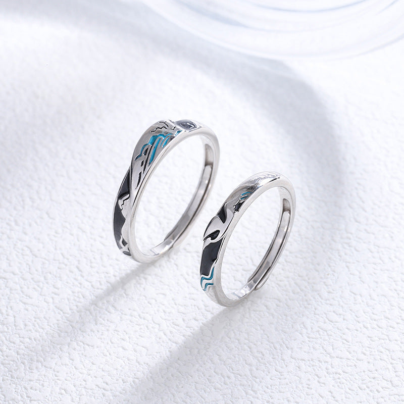 Rockyu 指輪 レディース フリーサイズ シルバー925 波・月モチーフ ブルーエナメル ペアリング風デザイン