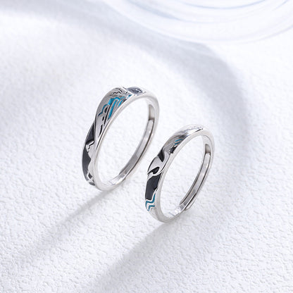 Rockyu 指輪 レディース フリーサイズ シルバー925 波・月モチーフ ブルーエナメル ペアリング風デザイン