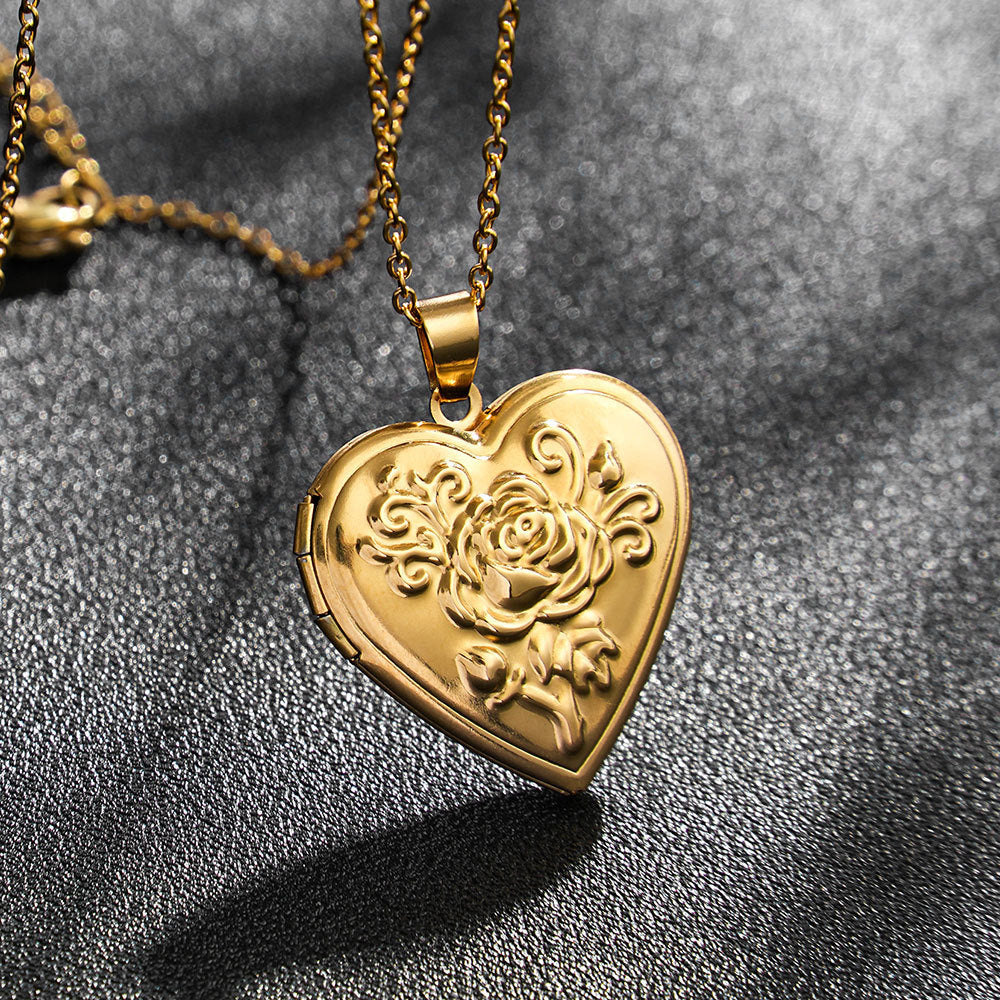 Rockyu レディースネックレス ハートロケットペンダント 写真入れ 薔薇モチーフ シルバー ゴールド 鎖骨チェーン 上品 アクセサリー