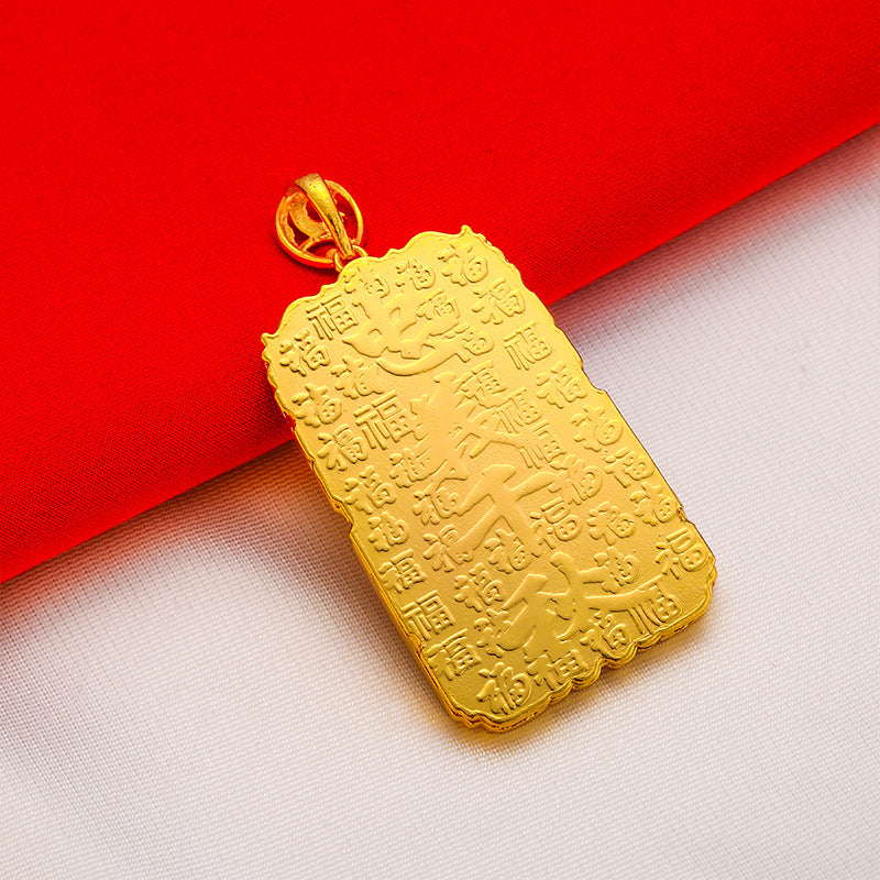 Rockyu メンズネックレス ゴールド 18金メッキ ペンダント 関公モチーフ プレートデザイン お守り風アクセサリー