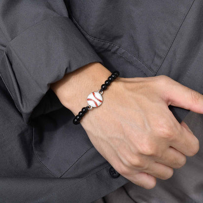 Rockyu メンズブレスレット ブラック瑪瑙 数珠 スポーツモチーフ バスケットボールデザイン 調節可能