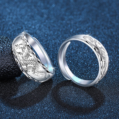 Rockyu シルバー999 指輪 メンズ 龍鳳彫刻 フリーサイズ リング