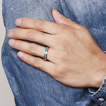 Rockyu タングステン ゴールド×ターコイズインレイリング 4mm幅 メンズ レディース ユニセックス