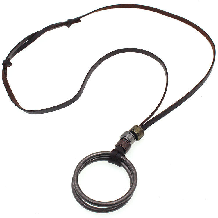 Rockyu メンズリングペンダントネックレス｜3連リング×レザー紐 60cm調整可ロングタイプ