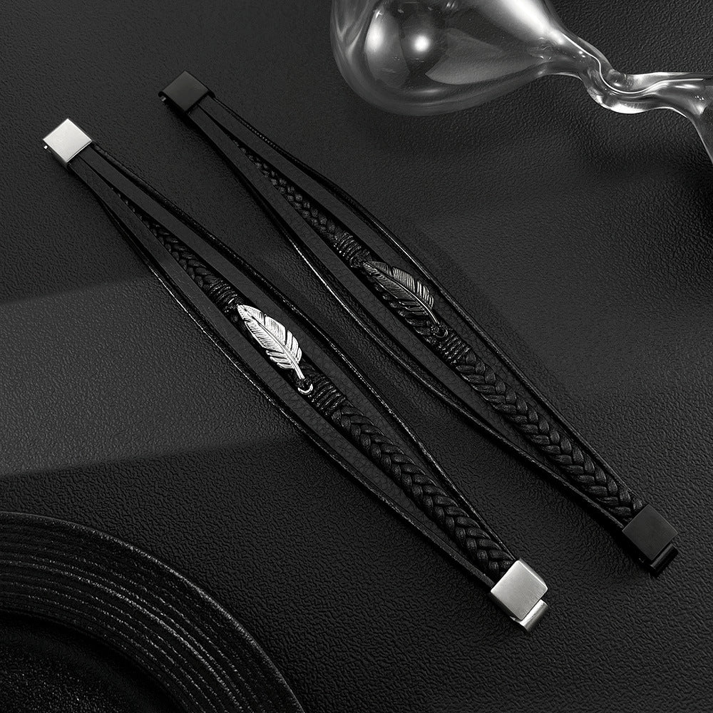 Rockyu メンズブレスレット 本革×ステンレス 羽モチーフ 編み込みデザイン