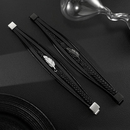 Rockyu メンズブレスレット 本革×ステンレス 羽モチーフ 編み込みデザイン