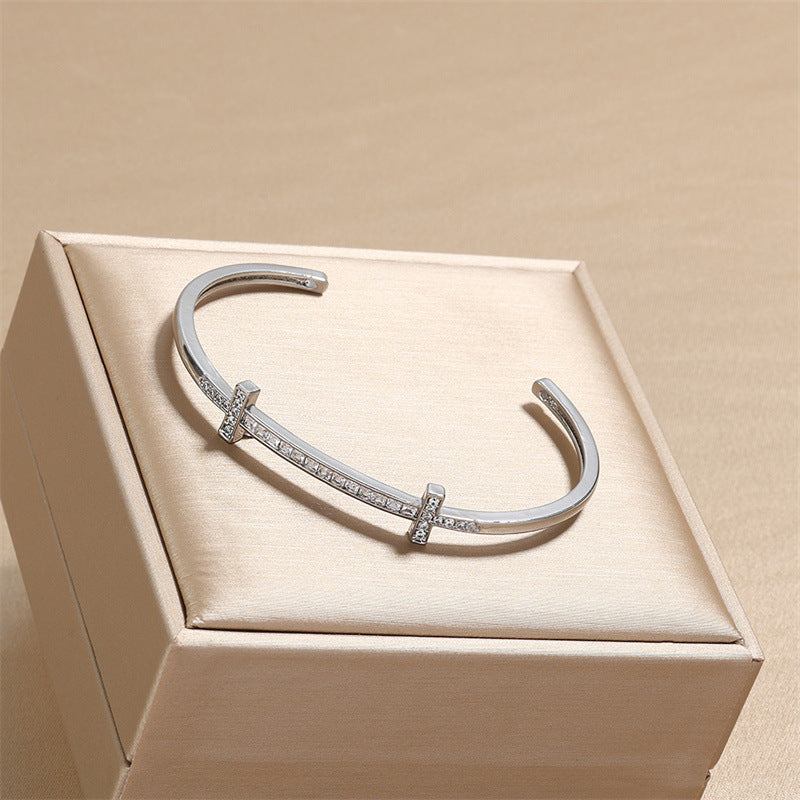 Rockyu レディース クロスラインバングル キュービック付き 18K仕上 ステンレス