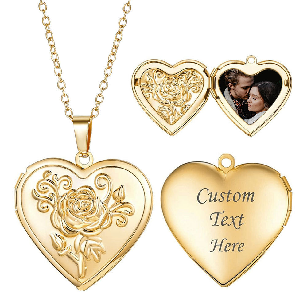Rockyu レディースネックレス ハートロケットペンダント 写真入れ 薔薇モチーフ シルバー ゴールド 鎖骨チェーン 上品 アクセサリー