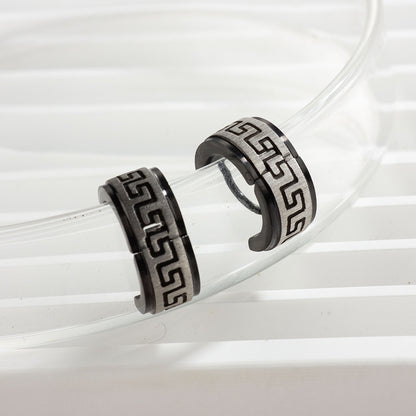 Rockyu ピアス メンズ ステンレス ブラック フープピアス 幾何学模様 幅広 リング 金属アレルギー対応