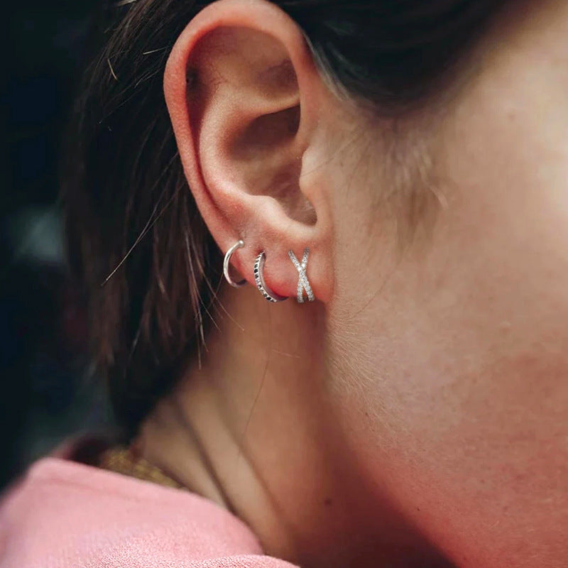 Rockyu フェイクピアス メンズ レディース シルバー925 ゴールド&シルバー 二連交叉 ジルコニア フープイヤリング アレルギー対応